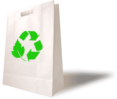 white paper bag with green recycle icon