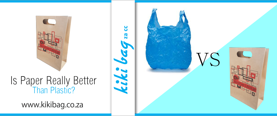 blue plastic bag and brown paper bag with abstract design
